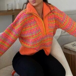 Zara Half Zip Cropped Chunky Sweater in neon orange and pink with heart pattern